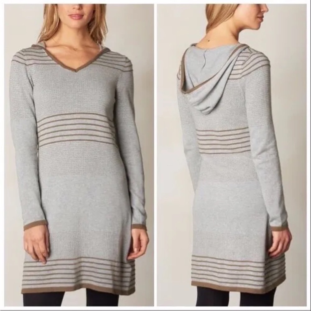PrAna Mariette Hooded Organic Cotton Knit Sweater Dress Size Med Gray Brown